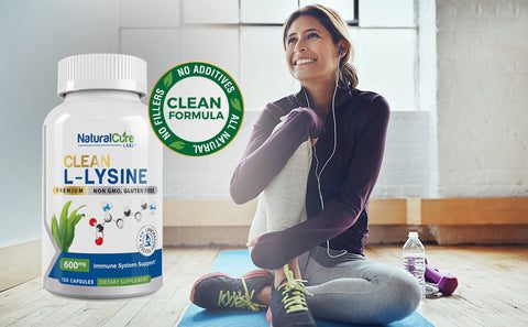 A promotional image of a woman stretching after a workout in a yoga studio with a bottle of L-Lysine supplements in the foreground, suggesting the role of L-Lysine in fitness and recovery.