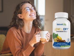 Person enjoying balanced energy with Level Off, a dietary supplement for glucose regulation and managing post-meal glucose spikes. Features ingredients like white mulberry leaf and cinnamon to support fasting glucose and metabolic health.