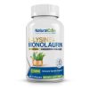 A bottle of Natural Cure Labs L-Lysine + Monolaurin dietary supplement, indicating a 1:1 ratio blend for immune system support, with 100 capsules per bottle.