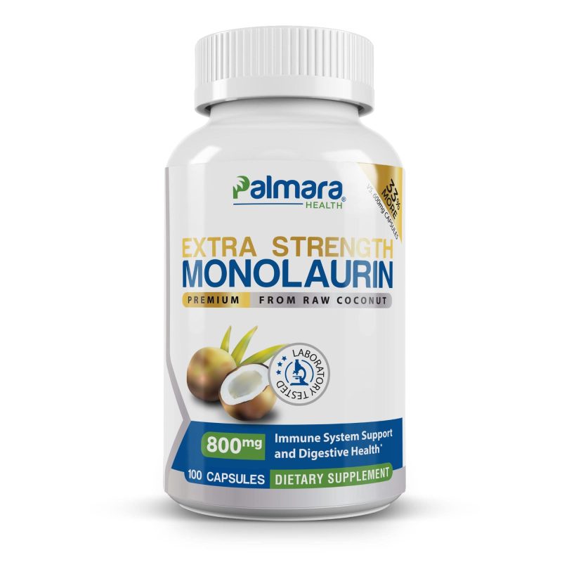 A bottle of Palmara Health Extra Strength Monolaurin dietary supplement, 800mg per capsule, with 100 capsules per bottle. The label indicates the product is derived from raw coconut and supports immune system and digestive health.