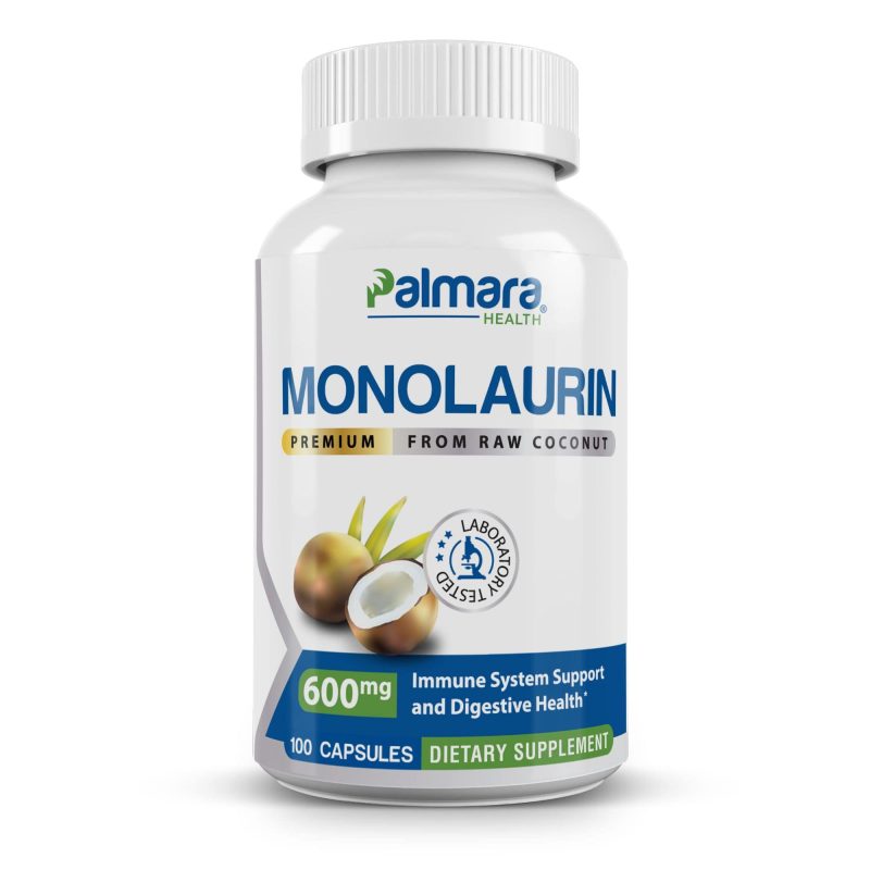 Front view of the Palmara Health Monolaurin 600mg dietary supplement bottle, stating it's made from premium raw coconut for immune system support and digestive health, containing 100 capsules.