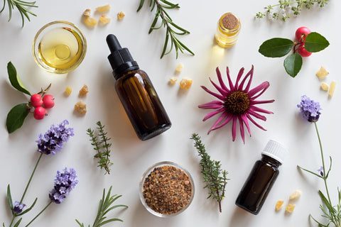 Essential oils and herbs displayed with a dropper bottle, suggestive of natural remedies for immune support.